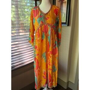 Poshak Indian Silk Anarkali Kurta Dress Orange Yellow Floral Embellished Sz Med